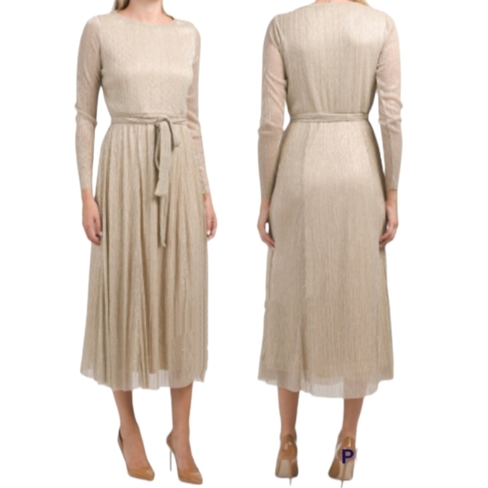 Anne Klein Women's Tan/Gold Metallic Longsleeve Dress Size 12 NWT